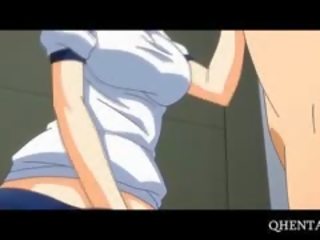 Różowy włosy anime szkoła lalka jedzenie penis na kolana