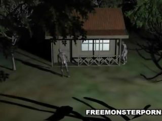 Rondborstig 3d tekenfilm femme fatale geneukt hard buitenshuis door een zombie