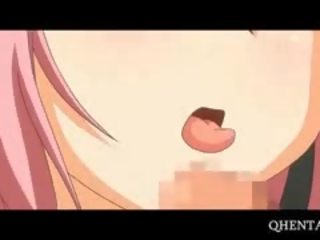 Růžový vlasy anime školní panenka jídla kohout na knees