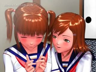 Schattig anime jong dame wrijven haar coeds wellustig kut